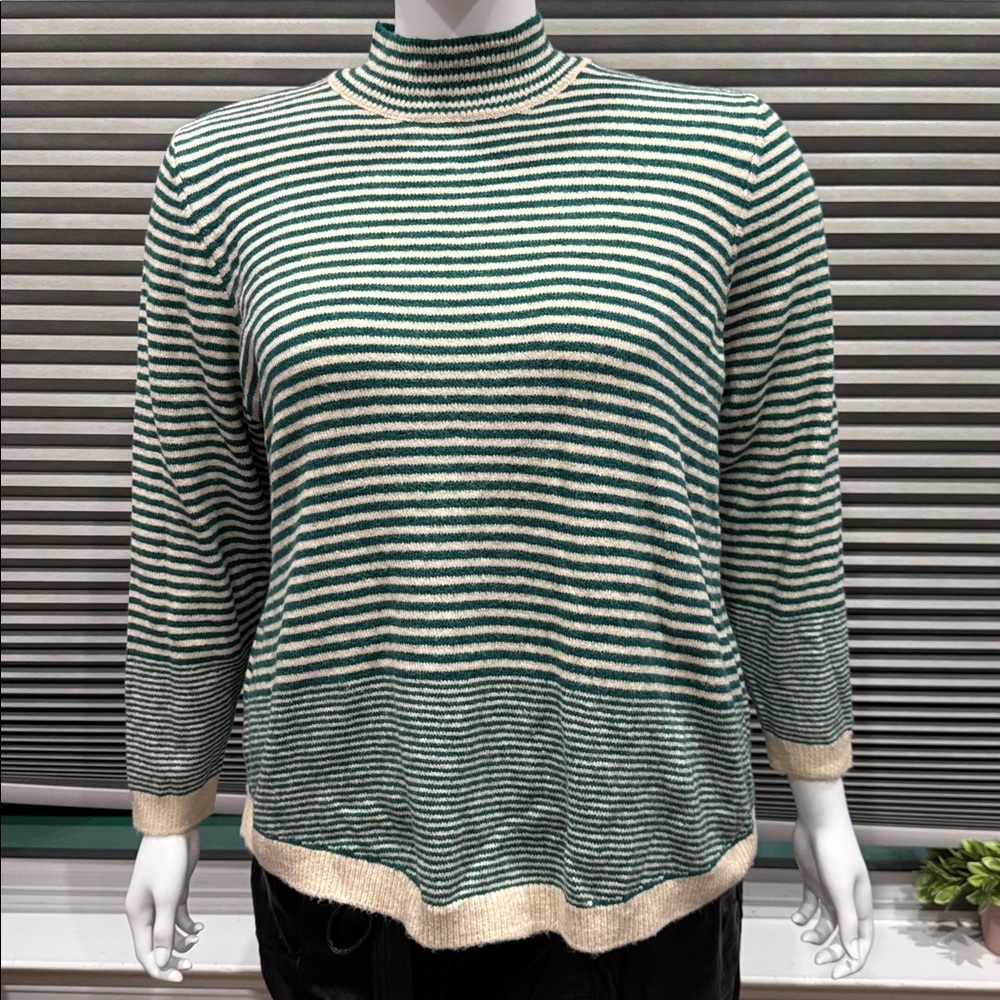 Liz Claiborne Green and Cream Striped Turtleneck Sweater